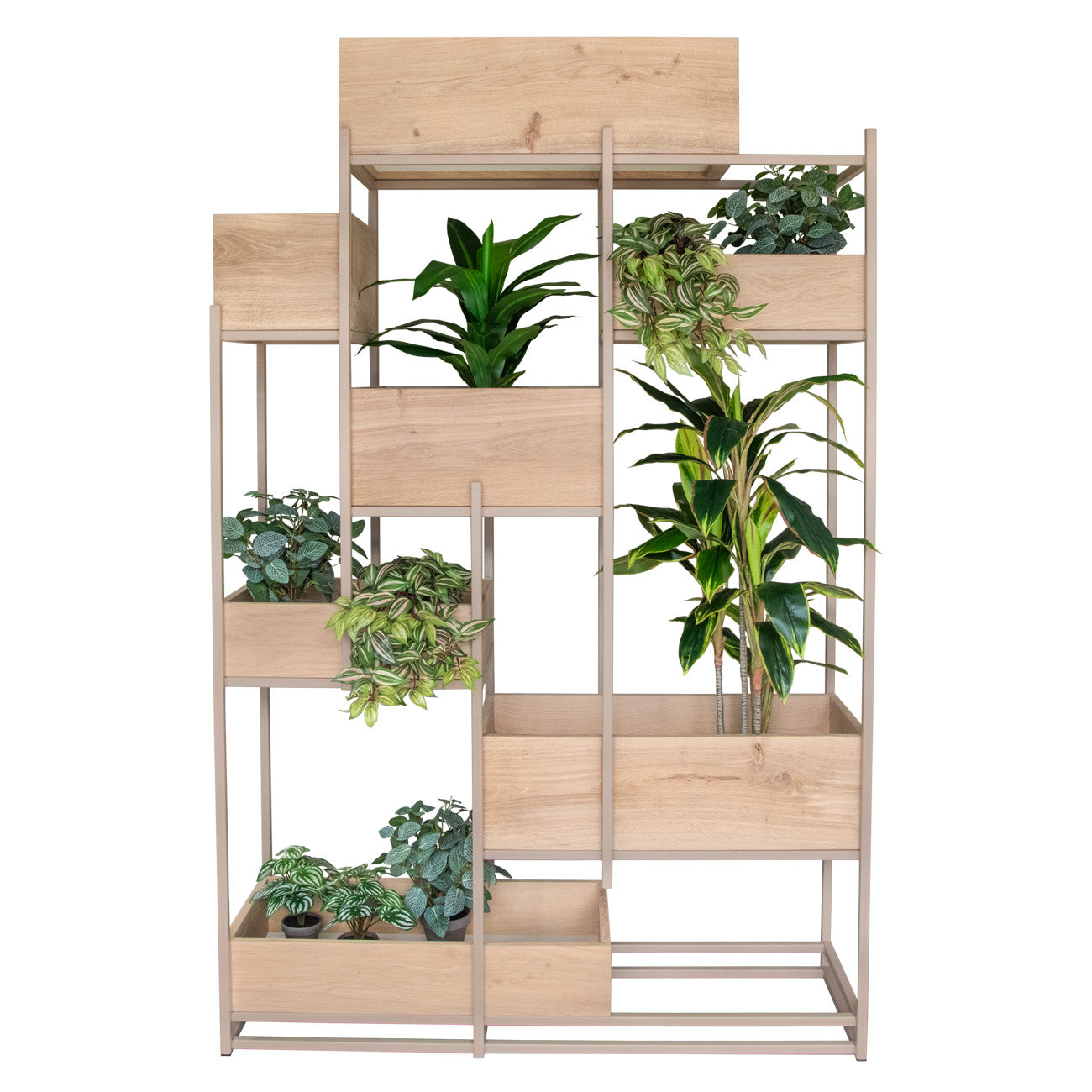 Stalen roomdivider met houten plantenbakken