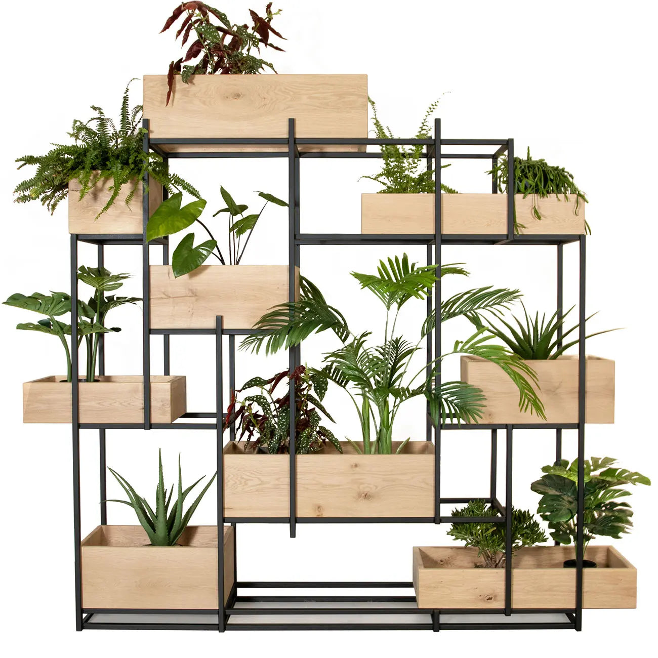 Stalen roomdivider met houten plantenbakken