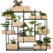 Stalen roomdivider met houten plantenbakken