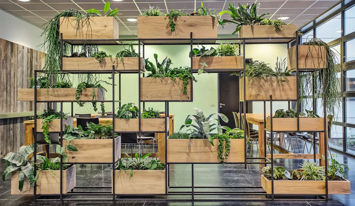 Stalen roomdivider met houten plantenbakken