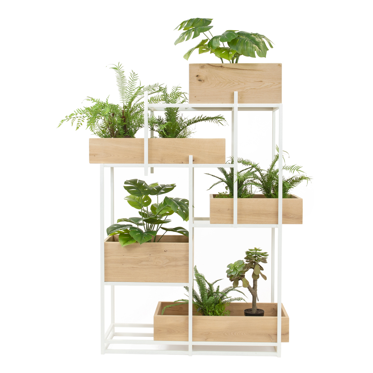 roomdivider wit met houten bakken