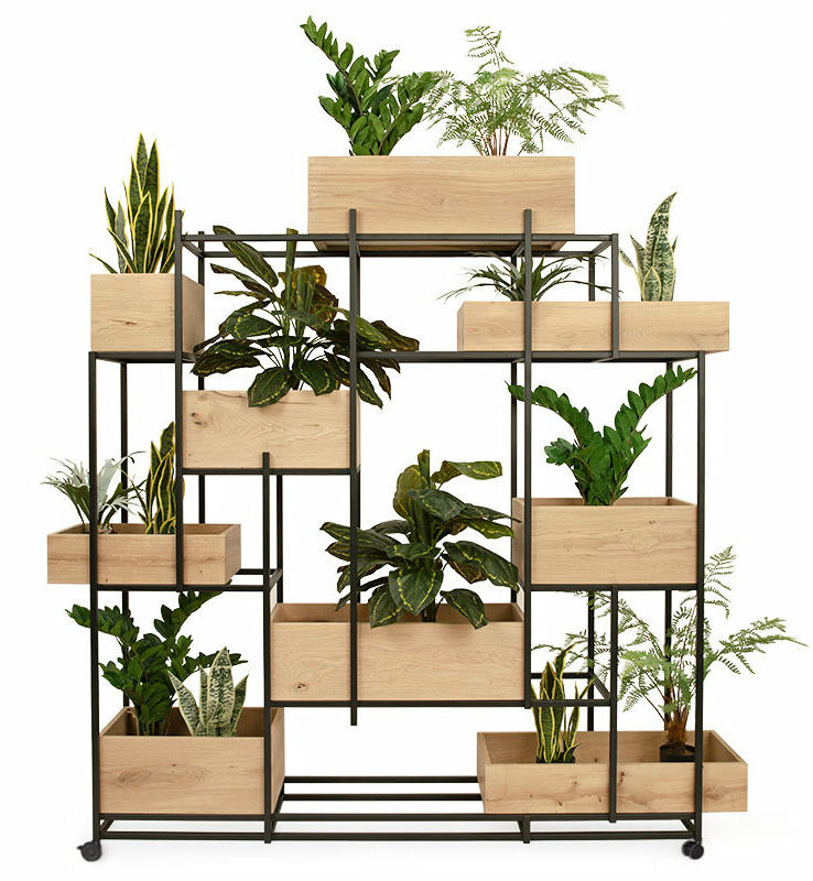 Stalen roomdivider met houten plantenbakken op wielen